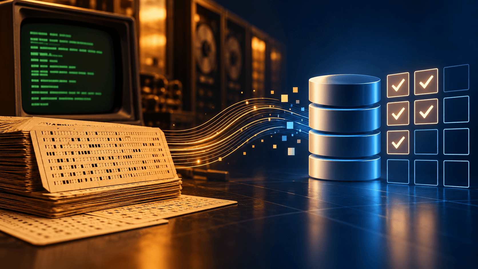 Editorial illustration of punch cards and an old terminal leading to a database and a partly completed test grid.