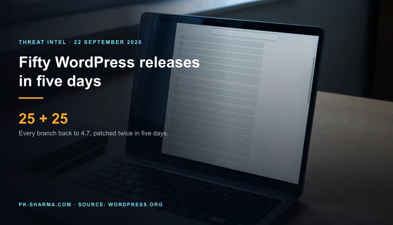 Editorial illustration for the briefing: WordPress patched every branch twice in five days: 7.1.2 fixes an include flaw scored 9.2 and 8.1
