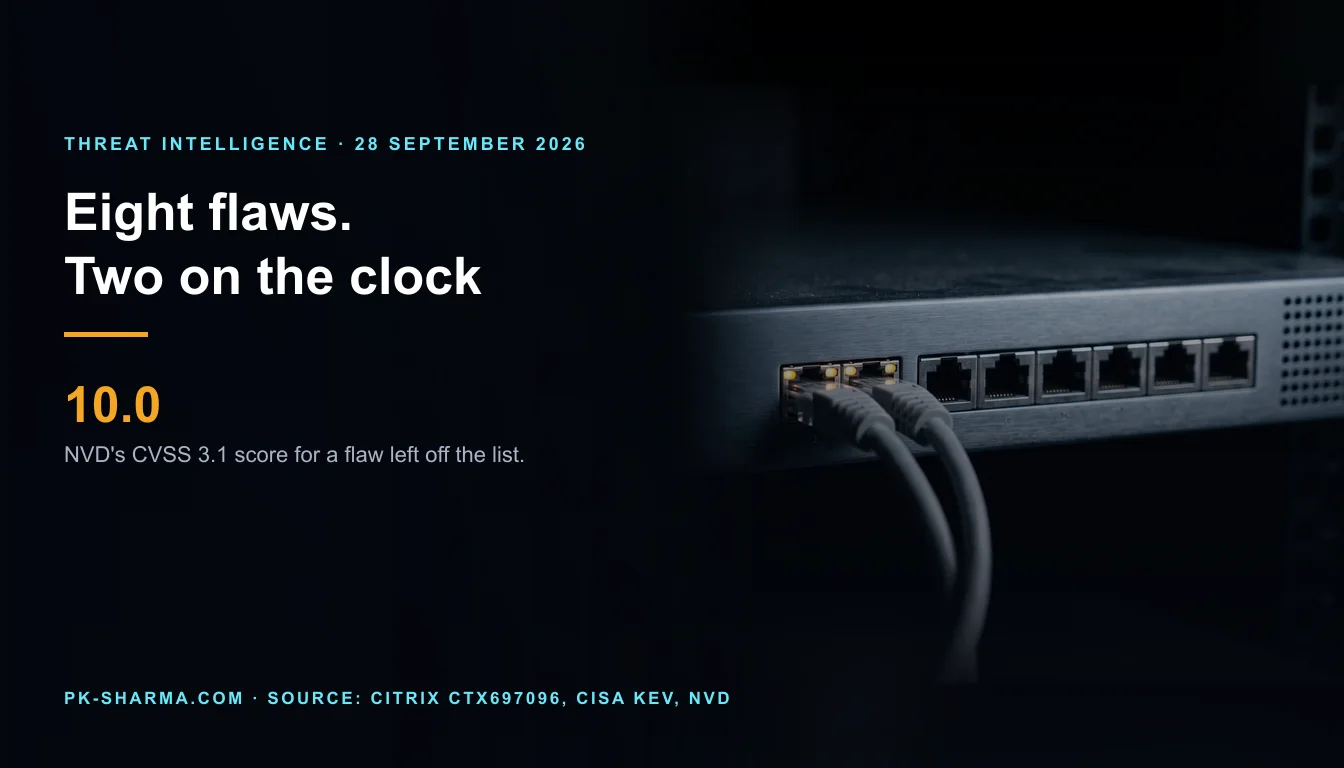 Editorial illustration for the briefing: Citrix fixed eight NetScaler flaws in one bulletin. The federal three-day clock covers two, and neither is the highest scored