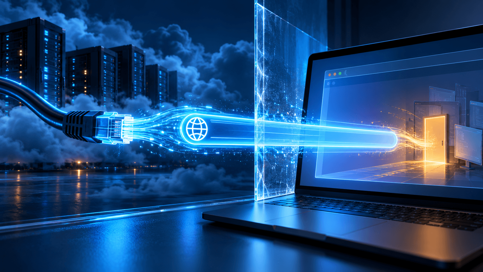 Editorial illustration of a remote URL crossing a boundary towards a laptop browser.