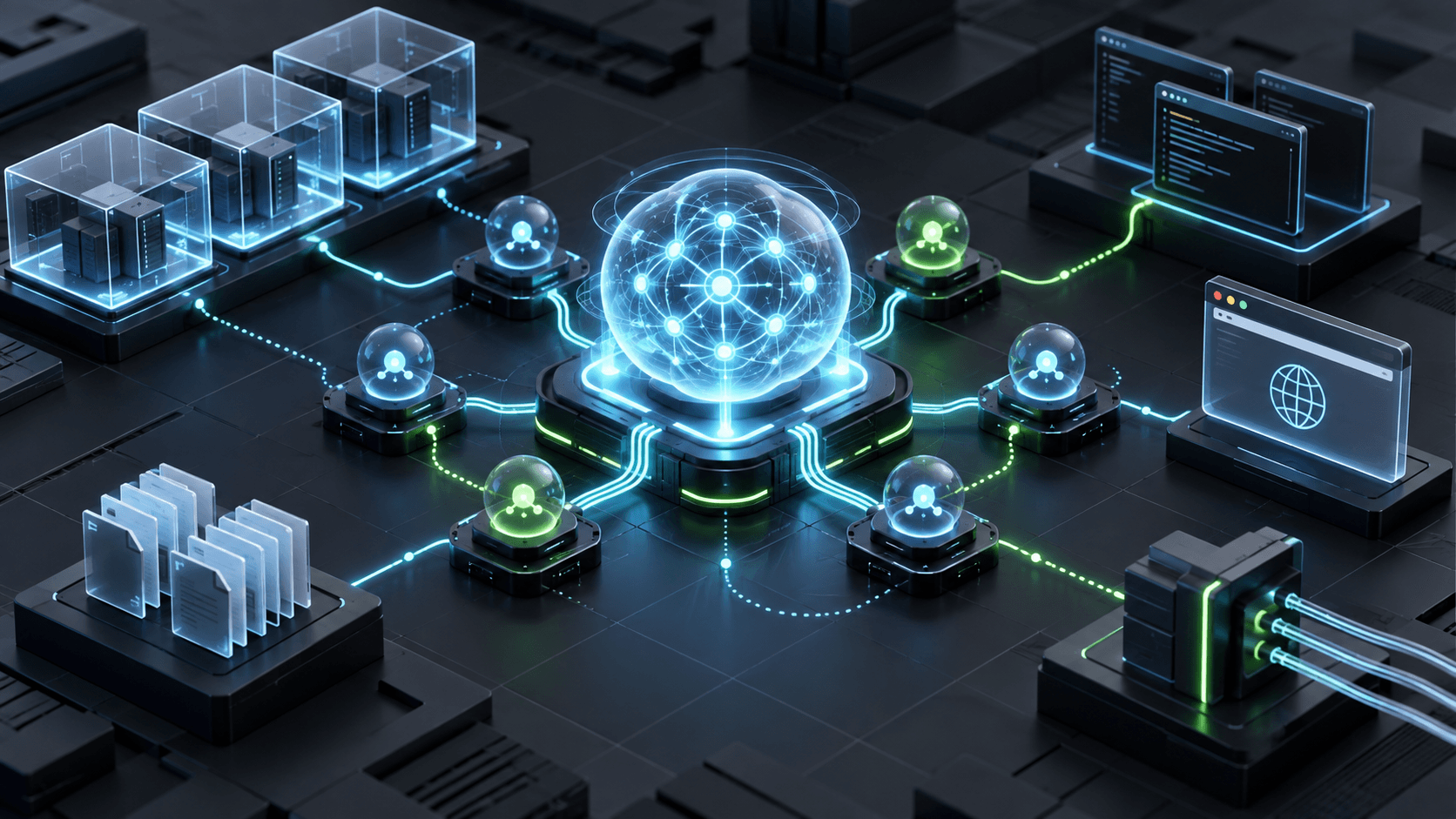 An illuminated orchestration core coordinates specialist agent nodes, isolated compute sandboxes, files, browser tools and an MCP gateway.