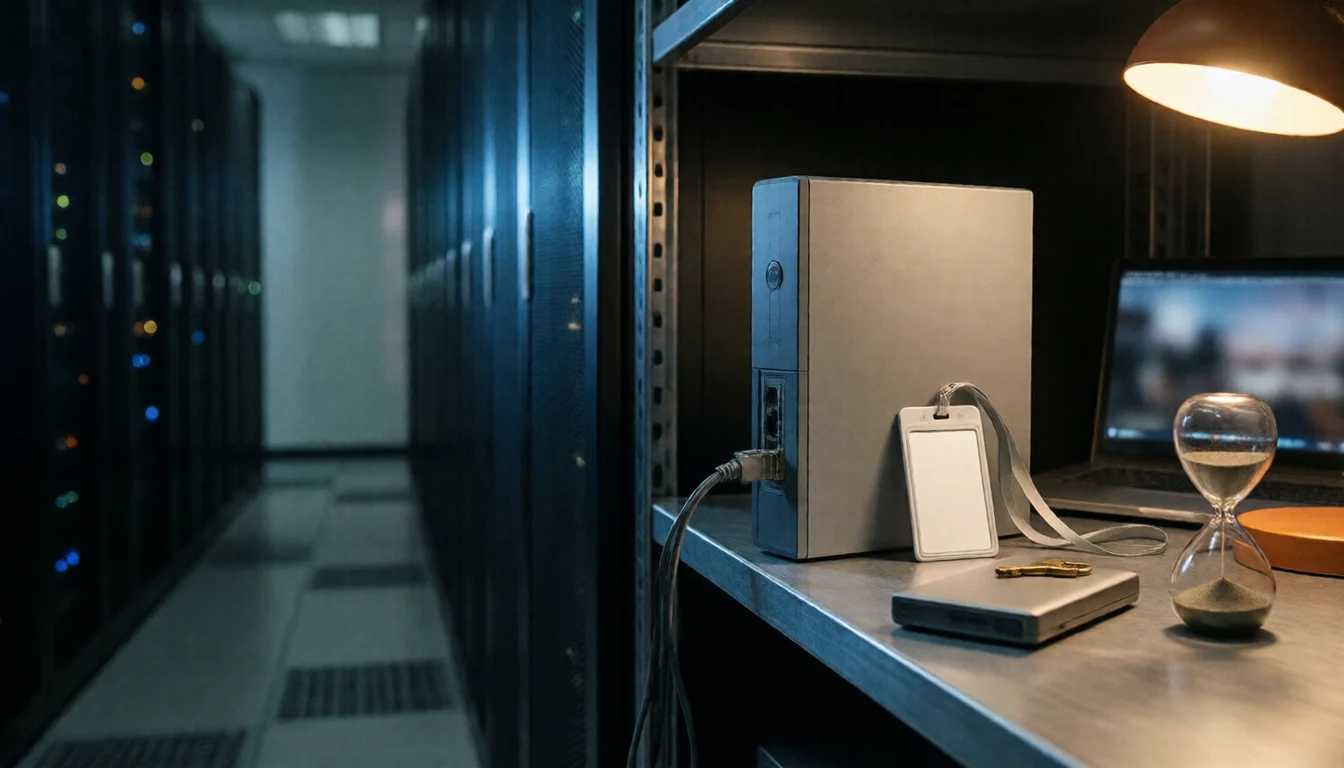 A grey network appliance, a lanyard ID badge, an hourglass and a laptop on a steel shelf beside a dimly lit server aisle.