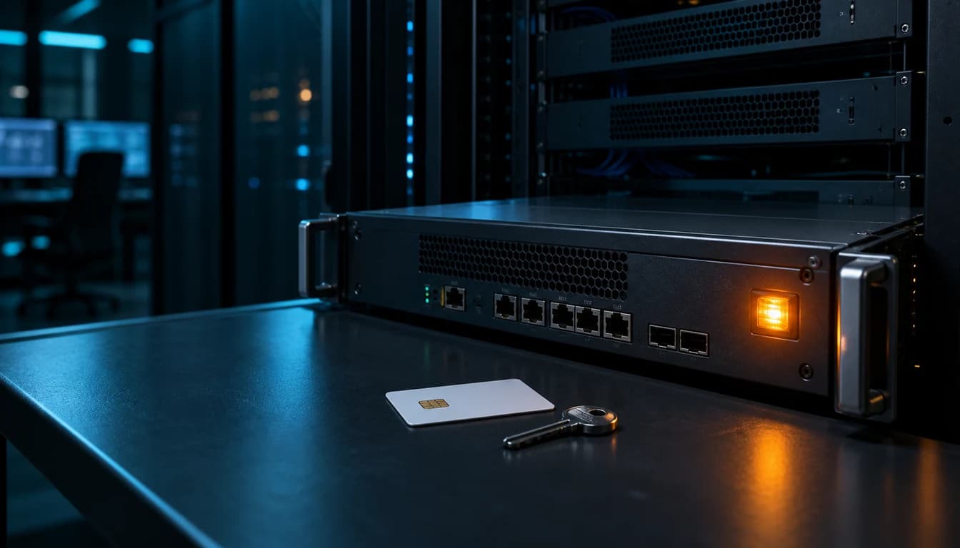 AI-generated editorial photograph of an unbranded VPN gateway, certificate card and key in a dark network operations room.