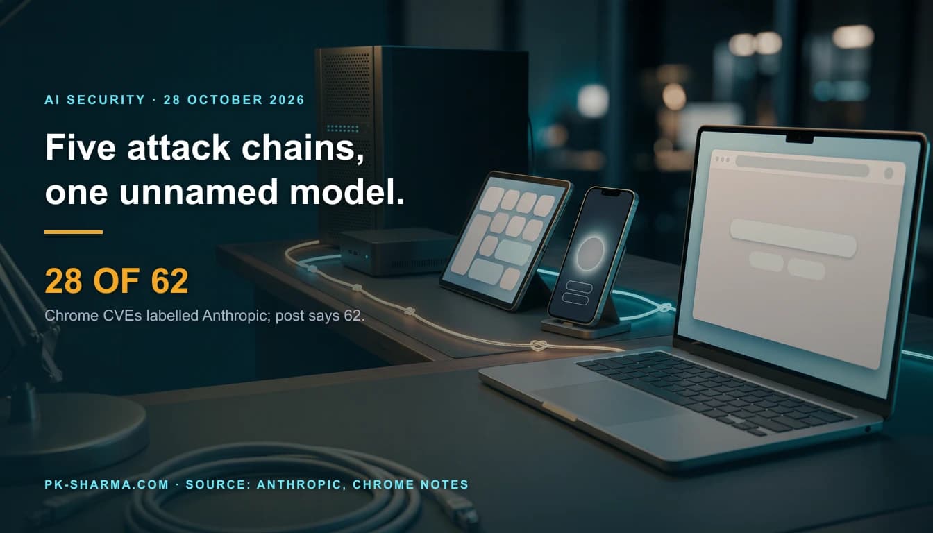 A night time security lab bench with five unmarked devices in a row: a silver laptop showing a blank browser window made of empty pills, a phone on a stand, a tablet, a small mini PC and a tall tower server. One thin knotted line of amber and cyan light links them like a chain. The left half is calm teal darkness carrying the headline and a stat drawn over it: 28 of 62.