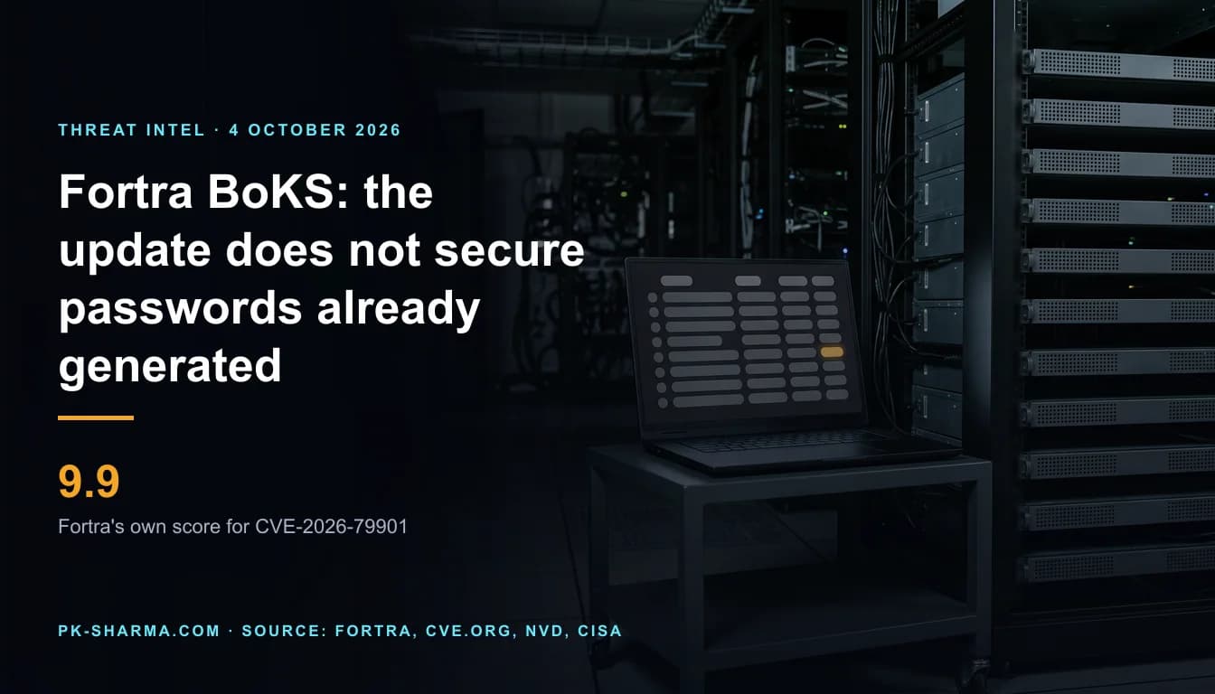 Editorial illustration for the briefing: Fortra's BoKS 9.9 advisory names no fixed version, and the update does not secure passwords already generated