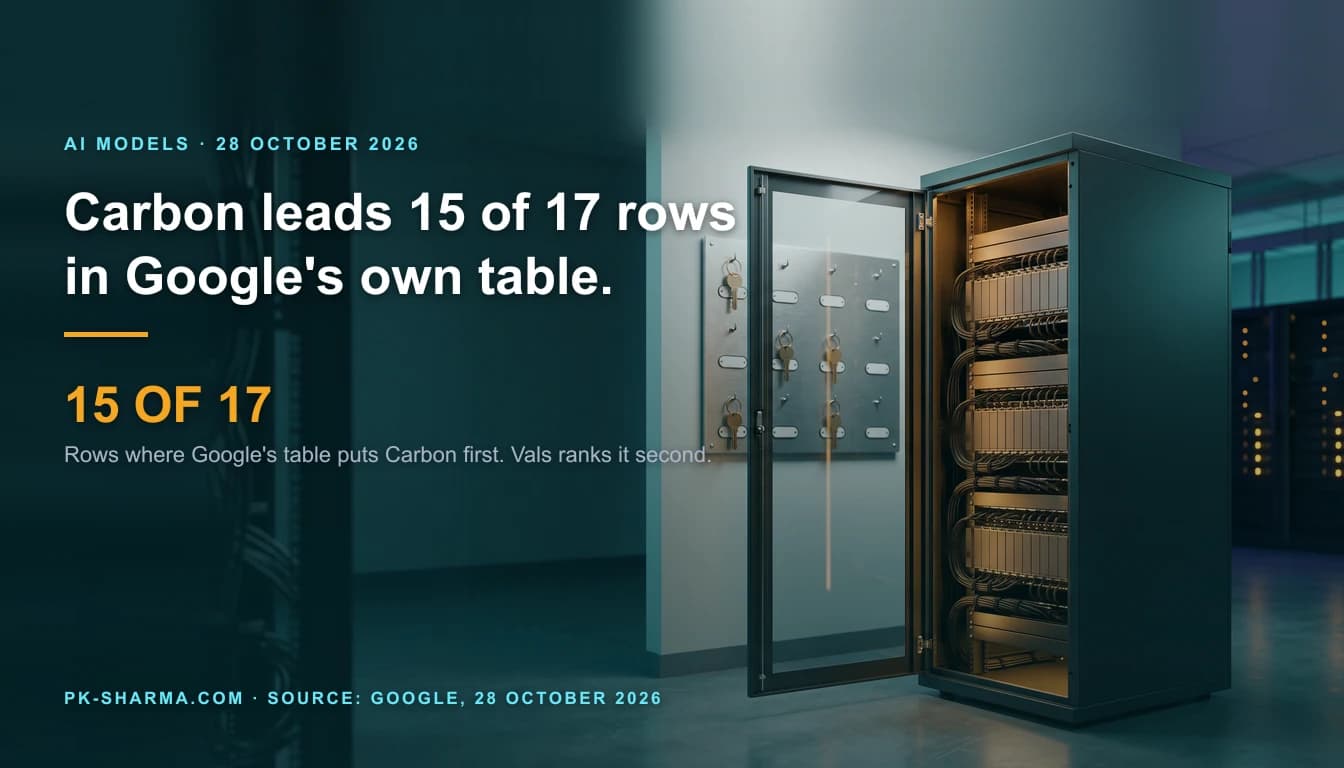 A quiet data hall aisle in teal light. A tall dark server cabinet stands on the right with its glass door open and a warm amber glow on its trays of cabling. Behind it a steel wall board holds twelve hooks with six plain brass keys, each hook above a blank rounded plate. The left half is calm teal, with the headline and a stat drawn over it: 15 of 17.