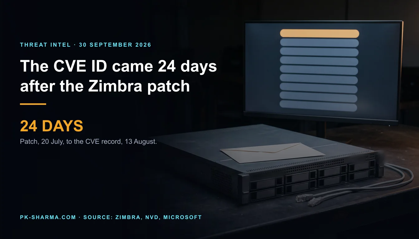 Editorial illustration for the briefing: Zimbra's CVE ID came 24 days after the patch. Microsoft's earliest dated probing is day 8