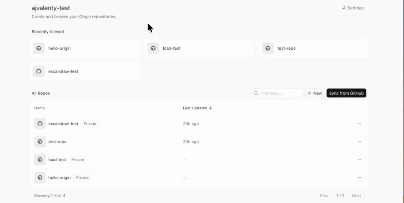 The Codebase pane of Cursor Origin listing four repositories, three carrying the Cursor cube mark and one carrying the GitHub mark, with a Sync from GitHub control above the list.