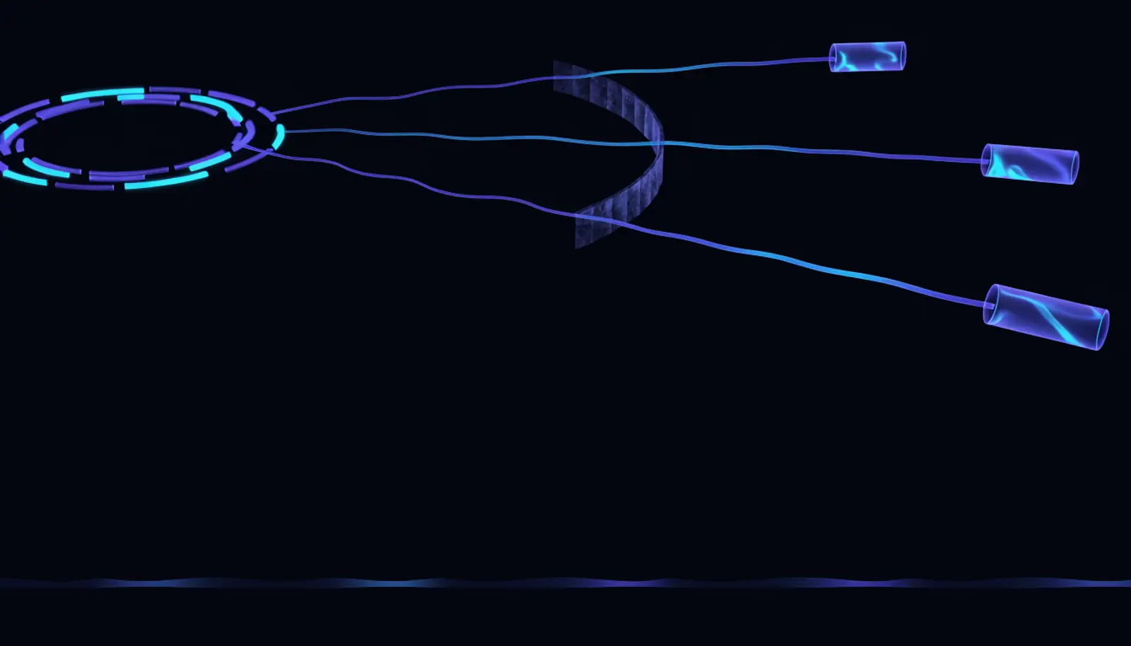 An illustration of a small circular circuit at the upper left with four separate arms reaching to individual sealed modules, one arm interrupted by a raised barrier, and a thin ribbon running beneath the whole arrangement.