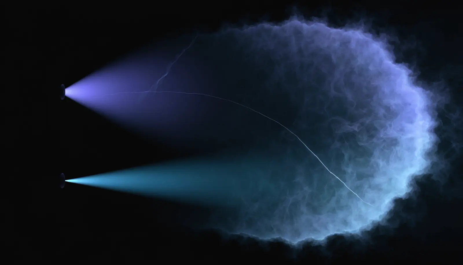 An illustration of a bounded region of luminous haze on the right with a soft irregular edge, two emitters standing outside it in the dark on the left, one pushing a solid object across the boundary and one casting a beam that lands inside while the emitter stays outside, and a thin thread running from inside the region back out to both emitters.
