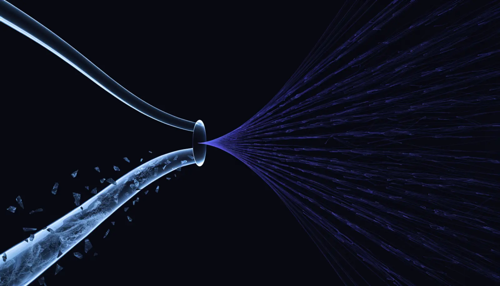 An illustration of two conduits, one narrow and one wider and carrying loose fragments, merging into a single aperture from which a widening fan of tethers spreads to the right.