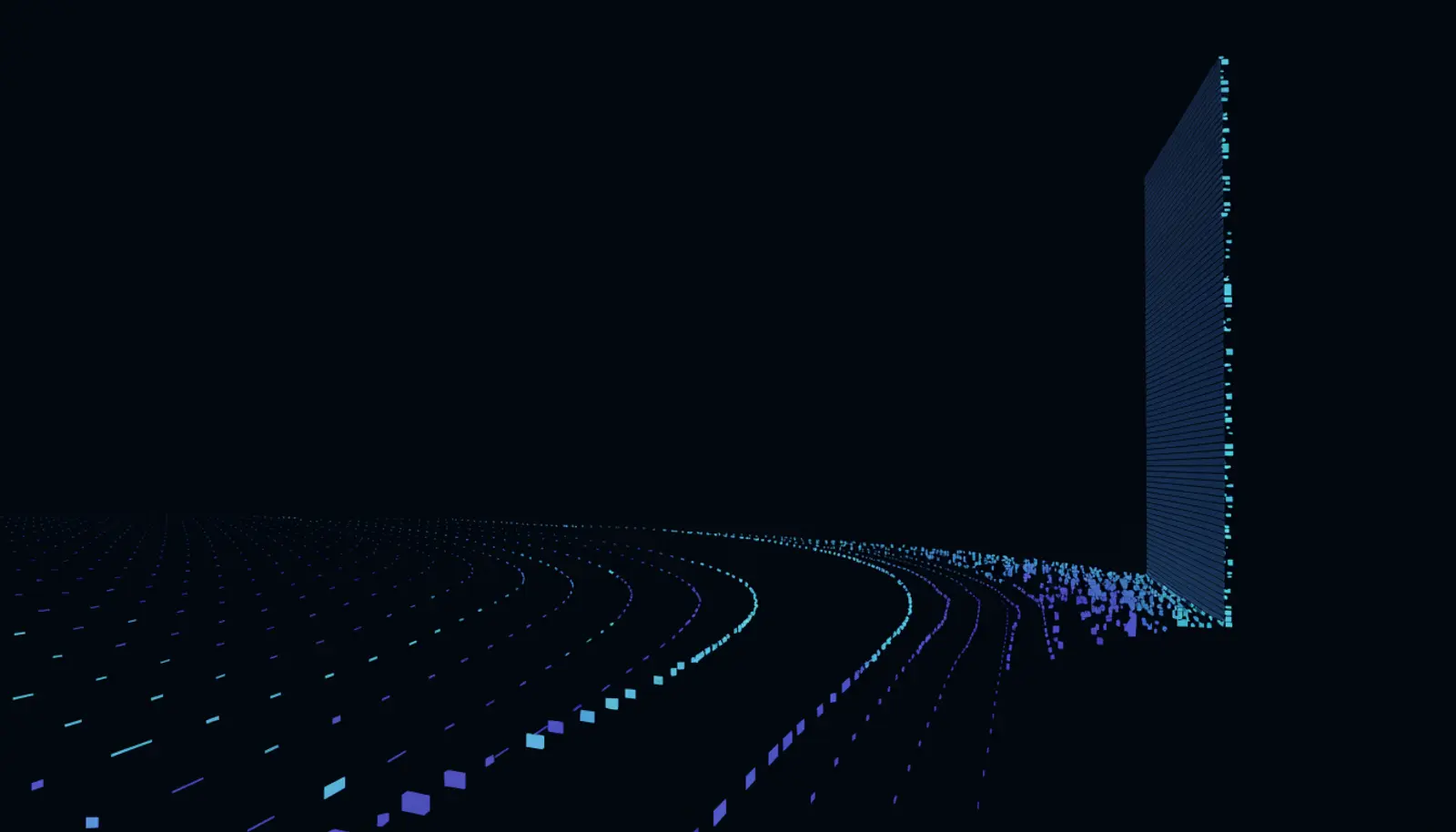 An illustration of a scattered field of faint and bright markers on the left drawing together along converging lines into a single ruled upright slab on the right.