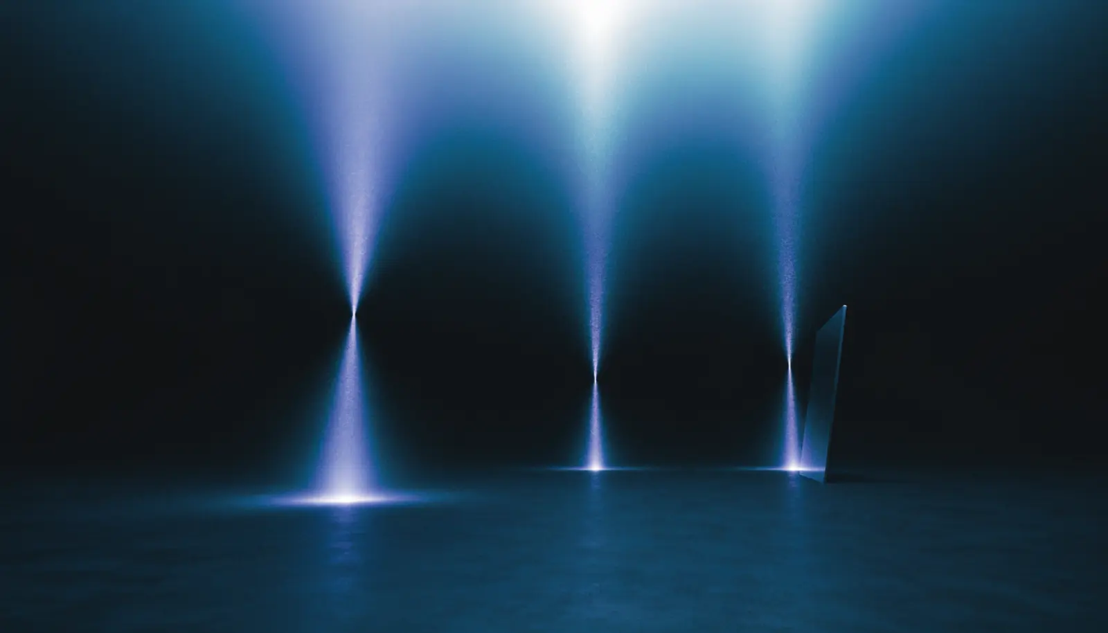 An illustration of three separate columns of light rising from a dark floor and converging on a single junction that burns far brighter than the columns beneath it, with a flat unlit plate poised beside one column as though it could be slid across it.