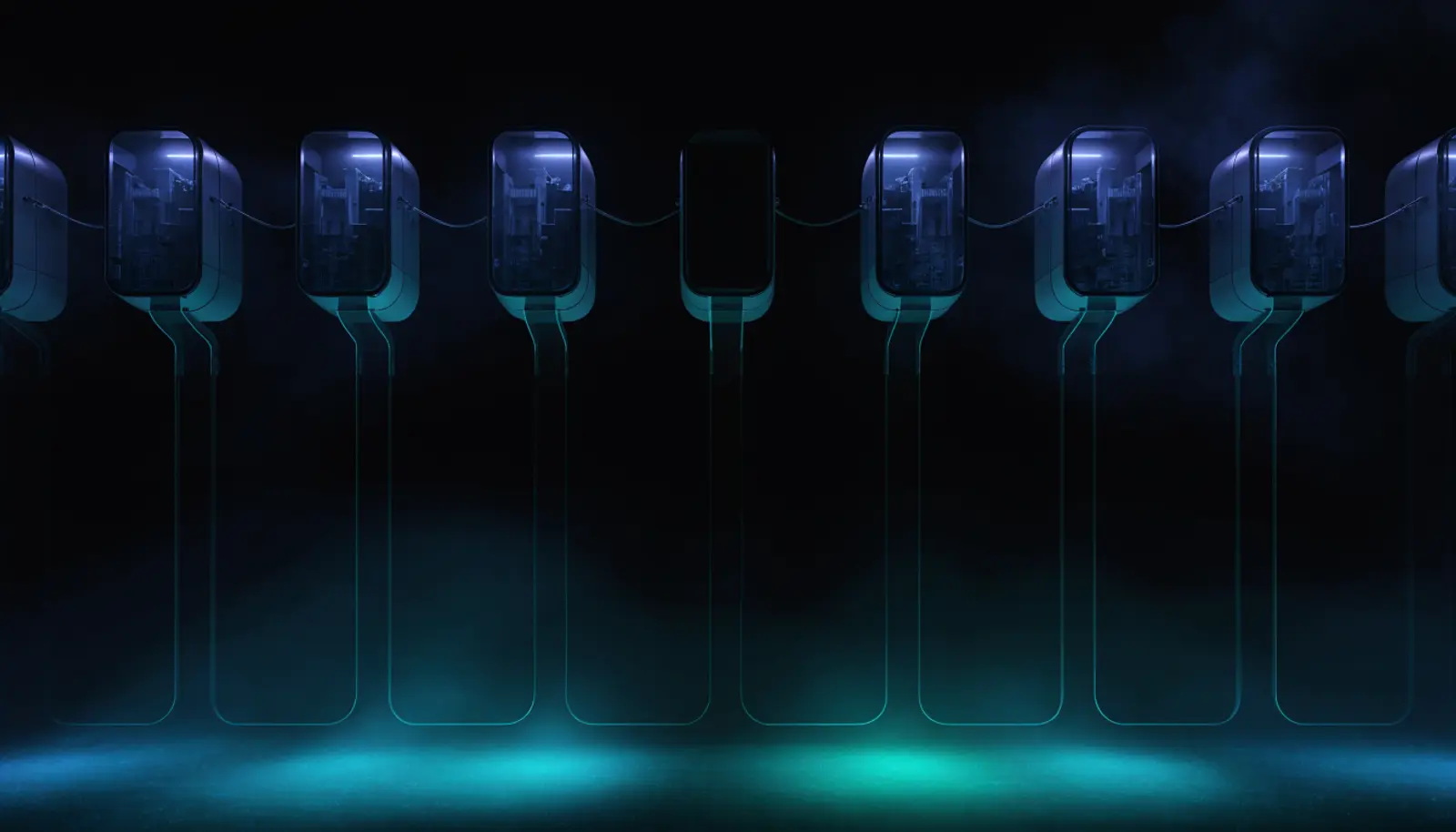 An illustration of a line of separately sealed and separately lit enclosures, one dimmer than the rest, each draining through a short open channel into a single shallow pool beneath them in which the contents are completely mixed, with a thin tether running from every enclosure off the right of the frame.