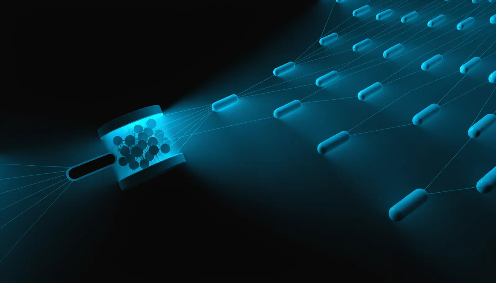 An illustration of a compact lit housing holding a cluster of keys, each key joined by its own thread to a separate sealed module spread across the frame and into the distance, with one short open channel entering the housing and no barrier across it.