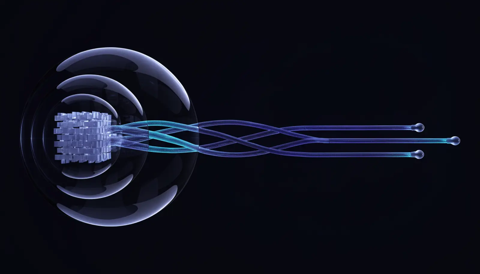 An illustration of a cluster of keys enclosed by three nested translucent shells, with outbound conduits leaving the outer shell and most of them ending at sealed caps.