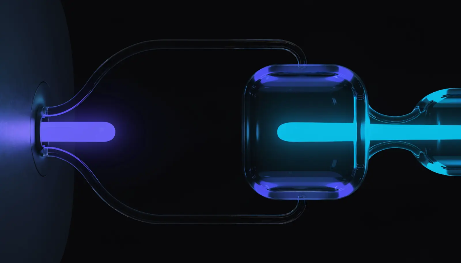 An illustration of a glowing packet entering through a small valved aperture at the left and travelling along a curved conduit through two linked glass modules on the right, each emitting a different coloured trace.