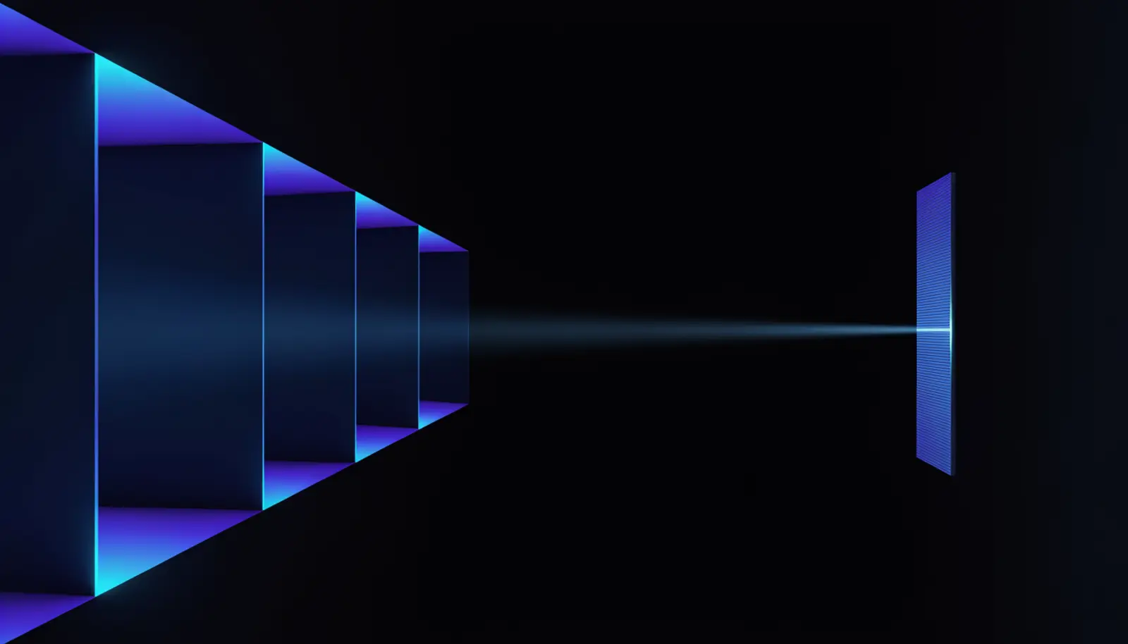 An illustration of a single beam passing through three edge-lit apertures of decreasing size arranged along a receding diagonal and landing on a thin ruled panel at the right.