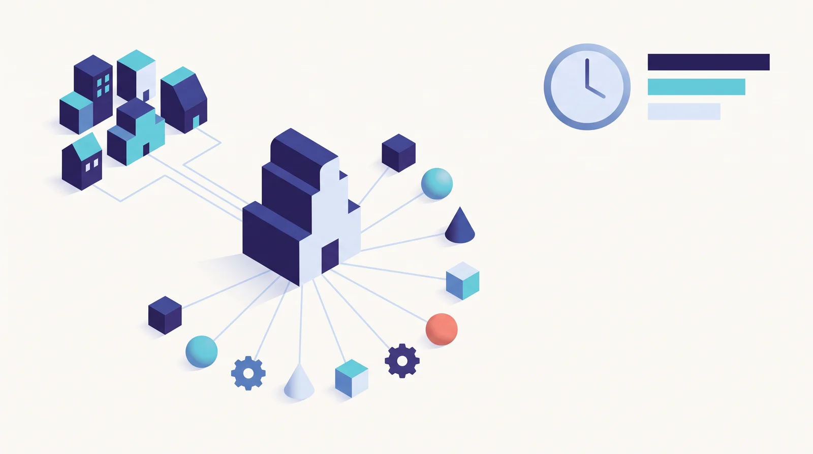 An illustration showing several organisations connected to one central organisation, which in turn is connected outward to many smaller supplier shapes, with a clock and three descending bars to one side.